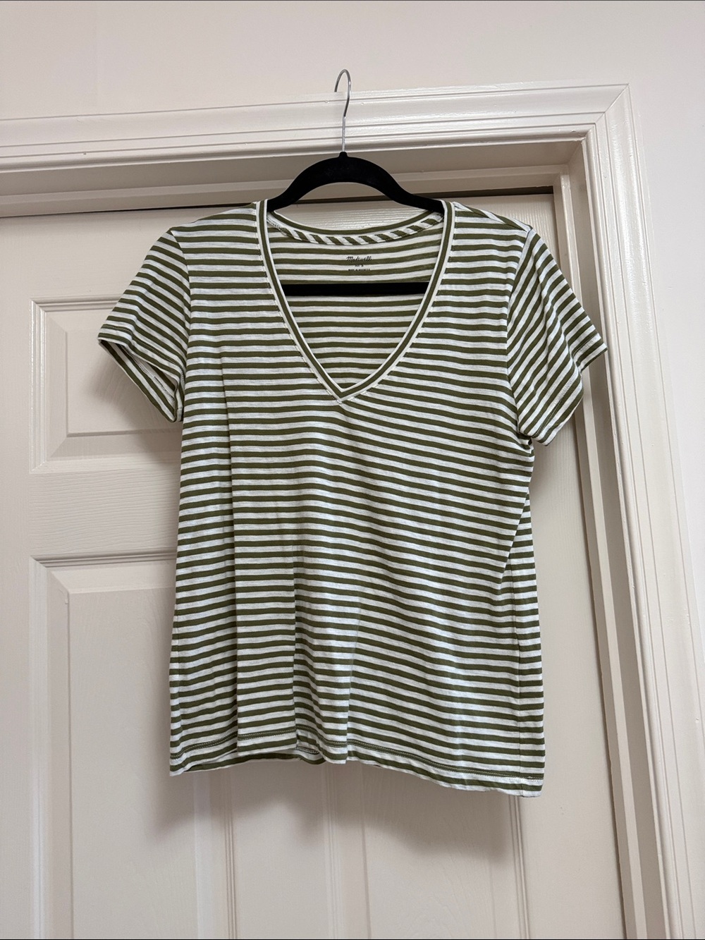 Madewell Olive & White Striped V-Neck Tee